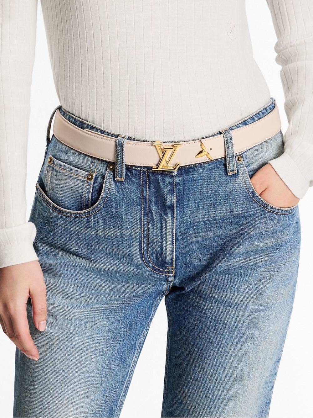 Louis Vuitton Beige Leather Belt with Gold LV Buckle